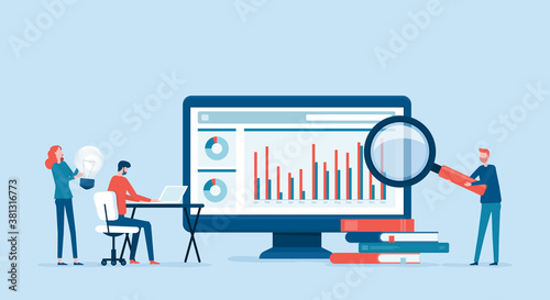 business people analytics and monitoring on web report dashboard monitor concept and vector illustration business people team meeting working