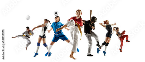 Collage of different professional sportsmen, fit men and women in action and motion isolated on white background. Made of 7 models. Concept of sport, achievements, competition, championship.