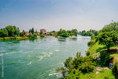 Panoramic view of the River Adda from Napoleone Bonaparte Bridge in Lodi, Lombardy region, northern Italy.