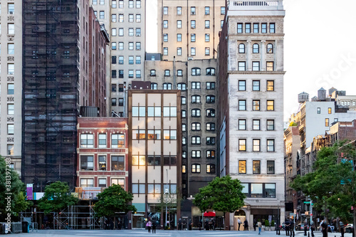 Block of historic buildings along Union Square Park in Manhattan, New York City