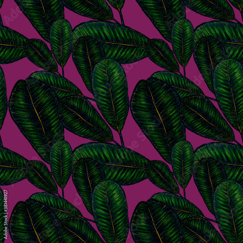 Beautiful seamless pattern with tropical leaves and flowers drawn with colored pencils. Retro bright summer background. Jungle foliage illustration. Swimwear botanical design. Vintage exotic print. 