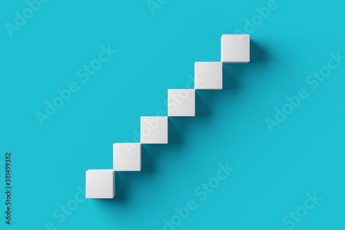 White cubes forming steps or stairs on blue cyan background, minimal career, success or growth concept