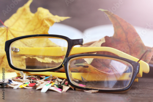 Broken yellow glasses and autumn leaves
