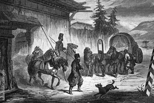 Post stop in Siberia. Circa 1860. Antique illustration. 1865.