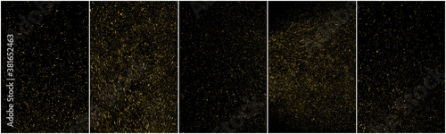 Set of Gold Glitter Texture Isolated on Black Background. Golden stardust. Amber Particles Color. Sparkles Rain. Vector Illustration, Eps 10.