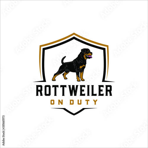 Rottweiler on duty with a shield background