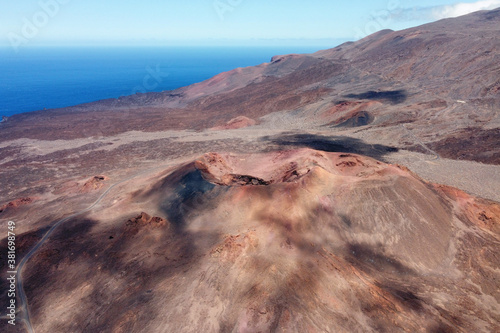 Amazing aerial view of a volcanic crater in El Hierro island, Canary Islands, Spain. High quality photo.