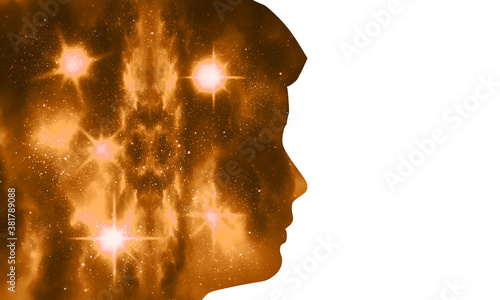 Silhouette of a man head. Scientific medical design. Double exposure. Universe filled with stars.