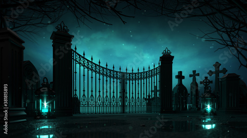 Cemetery entrance gate with glaring lanterns around at dark night. Halloween holiday theme 3d background illustration.