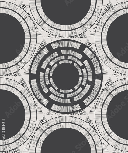 Seamless pattern with abstract graphic structure of round and hexagonal elements on dark background. Vector illustration for print.