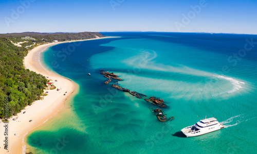 Shipwrecks and ferry on Moreton Island