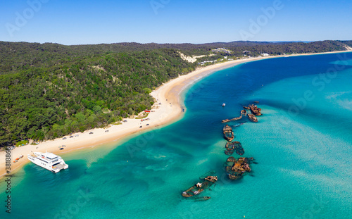 Shipwrecks and ferry on Moreton Island