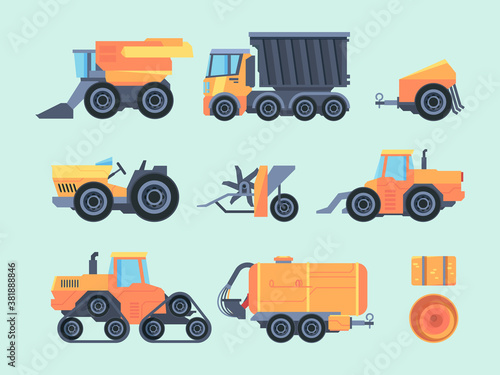 Agricultural mechanisms and machines set. Farm tractor specialized mower mechanical seeder automatic yellow thresher on trailer truck transporting grain combine harvesting crops. Vector flat.