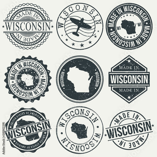 Wisconsin Set of Stamps. Travel Stamp. Made In Product. Design Seals Old Style Insignia.