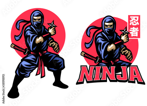 ninja mascot set hold the shuriken star weapon