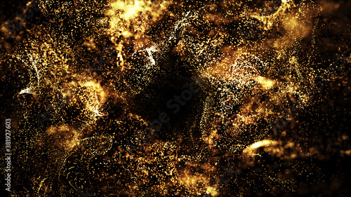 golden particles shining stars dust bokeh glitter awards dust abstract background. Futuristic glittering in space on black background. 