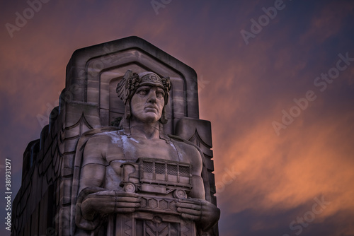 Guardian of Traffic in cleveland ohio with a fiery sunset