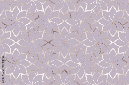 Geometric silver glitter flowers lattice seamless pattern.
