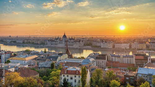 Budapest Hungary, panorama city skyline sunrise at Hungarian Parliament and Danube River