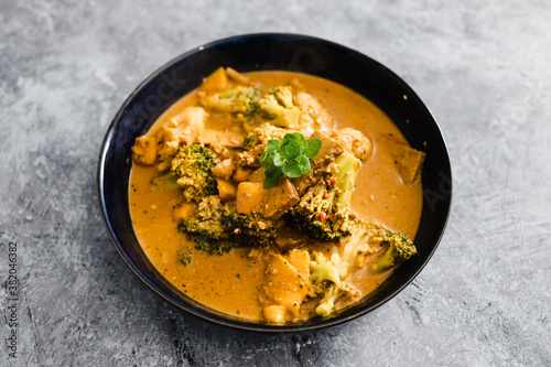 plant-based food, vegan cauliflower mango and tempeh curry