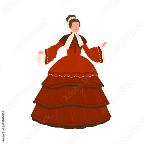 Cheerful lady in retro red dress with elegant design elements vector flat illustration. Adorable woman demonstrate fashion of 1840s isolated on white. Stylish female in classic clothes or apparel