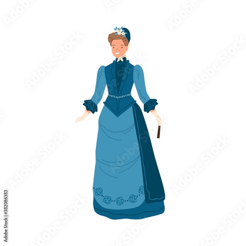 Smiling fashionable woman standing in elegance retro blue dress and hat vector flat illustration. Adorable female in classic 19th century apparel isolated on white. Stylish person in 1870s garment