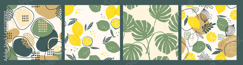 Abstract collection of seamless patterns with lemons, leaves and geometric shapes. Modern design