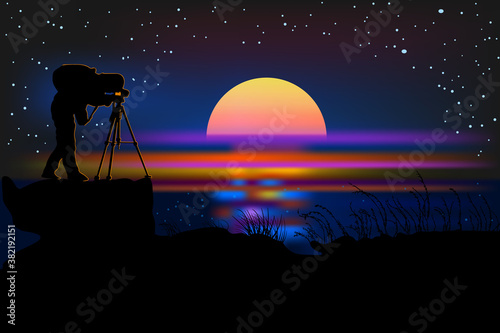 Photographer with camera silhouette on a night background. Photographer at night near sea. Photographer on the hill in twilight time after sunset shooting the starry sky. Stock vector illustration