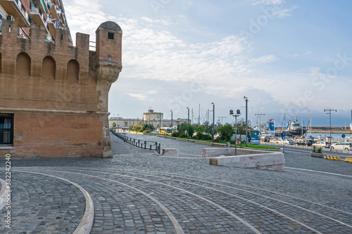 Waterfront Calata della Rocca with the wall, marina and Fort Michelangelo in Civitavecchia, Italy