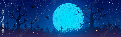 Vector illustration. Halloween. glowing eyes in cemetery on background of full moon.