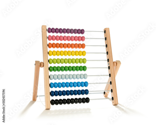 Traditional abacus with colorful wooden beads isolated on white background 