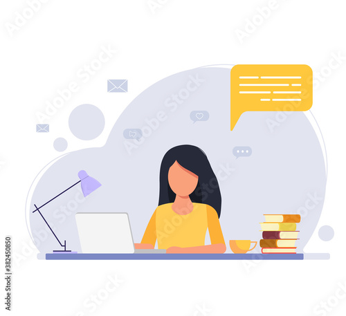 Woman working at her desk at home. Vector illustration of student studying at home. Work from home flat