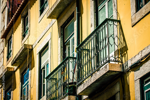 View of the facade of a building in the downtown of Lisbon in Portugal 