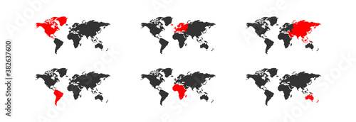 Continents map. Vector world globe illustration. Red and black icon set Asia, America, Europe, Africa and Australia
