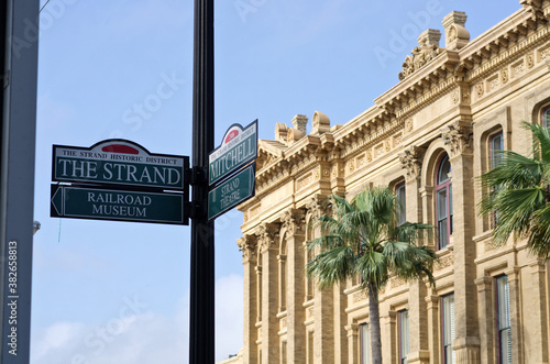 The Strand corner sign post in the historic downtown district of Galveston Island, Texas