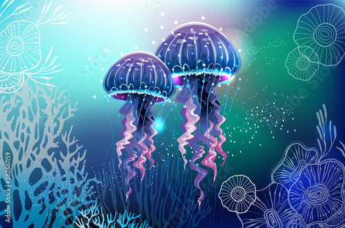 Vivid neon light illustration of jellyfish