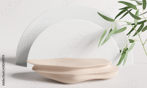 Brown marble product display podium with nature leaves. 3D render 