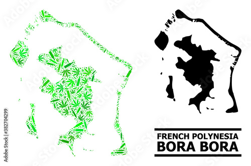 Drugs mosaic and usual map of Bora-Bora. Vector map of Bora-Bora is composed with randomized syringes, ganja and wine bottles. Abstract geographic scheme in green colors for map of Bora-Bora.
