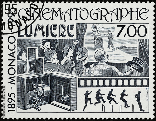 Cinematograph of Lumiere brothers on postage stamp