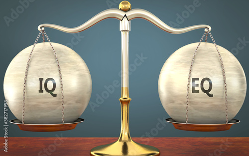 Metaphor of iq and eq staying in balance - showed as a metal scale with weights and labels iq and eq to symbolize balance and symmetry of iq and eq in life or business, 3d illustration