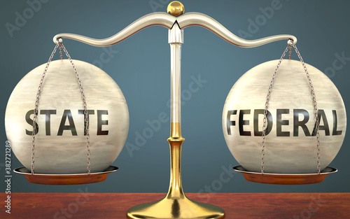 state and federal staying in balance - pictured as a metal scale with weights and labels state and federal to symbolize balance and symmetry of those concepts, 3d illustration
