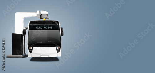 Electric bus is charged by pantograph. Isolated on grey background