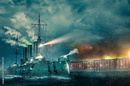 October revolution 1917 in Saint Petersburg battleship Aurora