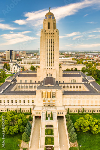 Vertical panorama of the Nebraska State Capitol. The Nebraska State Capitol is the seat of government for the U.S. state of Nebraska and is located in downtown Lincoln.
