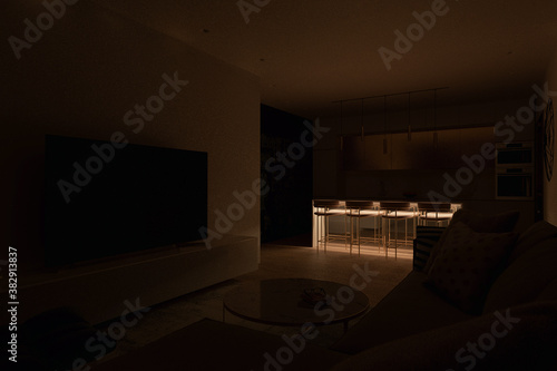 3d illustration of a living room overlooking the kitchen. Interior design in a modern Mediterranean style. Series of illustrations with different lighting designs