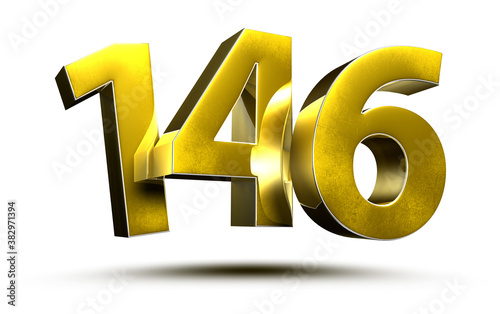 Gold numbers 146 isolated on white background illustration 3D rendering.(with Clipping Path).