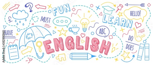 English language learning concept vector illustration. Doodle of foreign language education course for home online training study. Background design with english word art illustration
