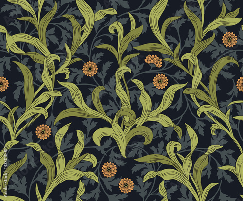 Floral seamless pattern with green leaves and orange flowers on dark background. Vector illustration.