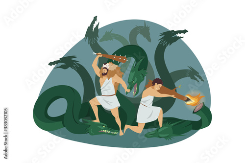 Greece, Olympus, god, Heracles, religion concept. Demigod hero Heracles or Hercules son of Zeus with charioteer Iolaus fighting Lernaean Hydra as Second Labor of Heracles. Ancient Greek mythology.