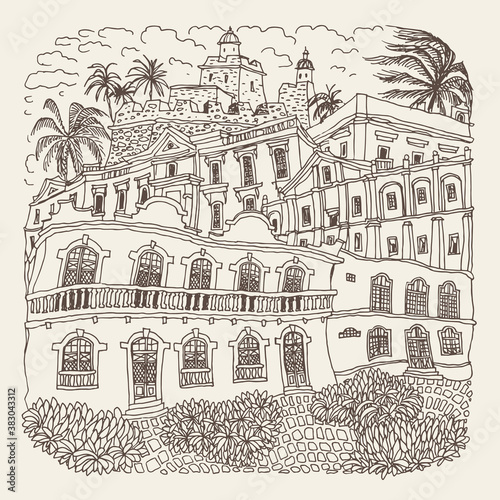 Vector hand drawn trace of fantasy urban Mexican landscape with medieval castle, palms, town street, houses, church. Brown doodle sketch. Tee shirt print, brochure cover, adults coloring book page